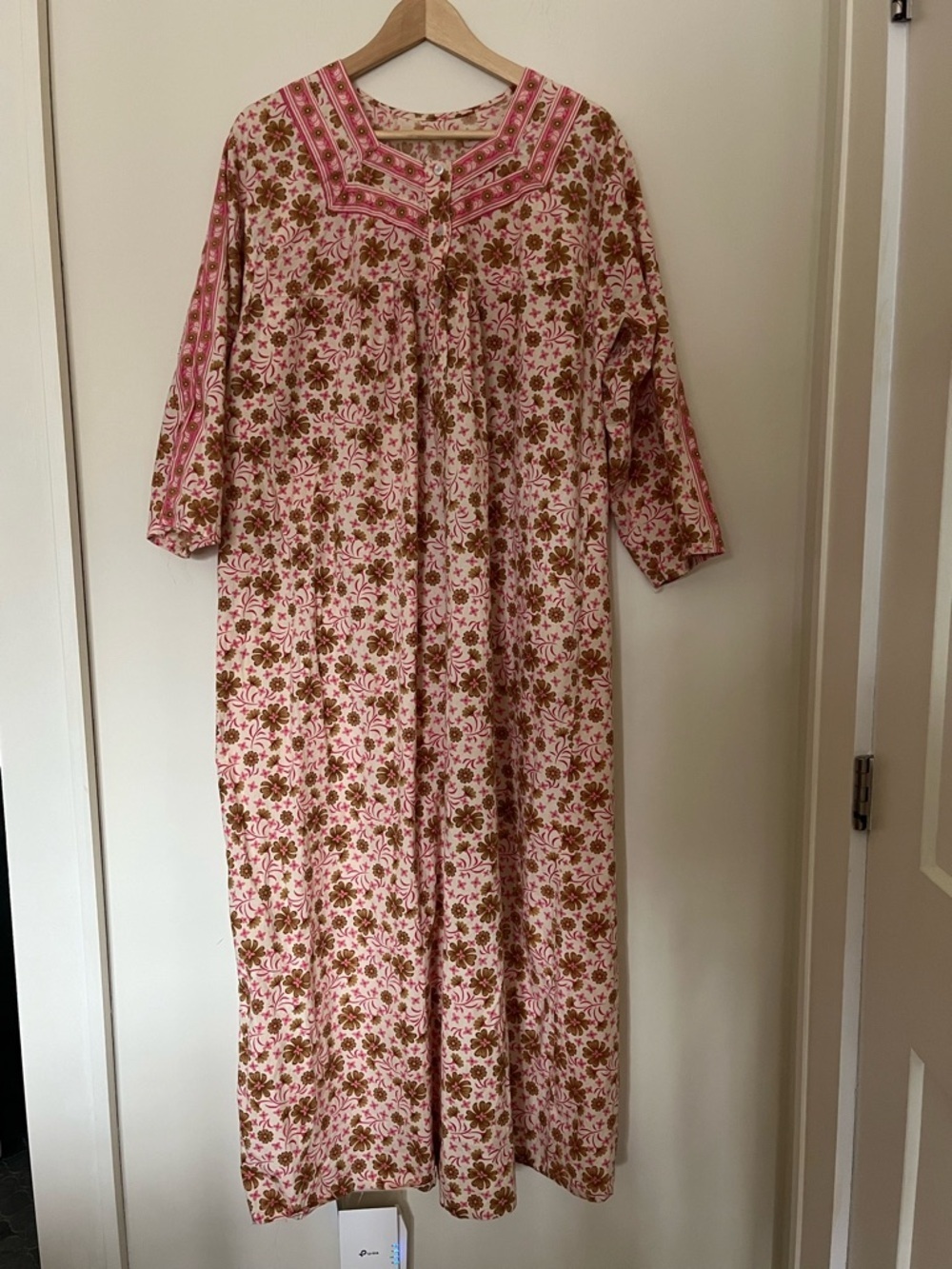 Vintage 💯 Cotton Hand Block-Printed Indian Maxi Dress Pink Beige Floral OS